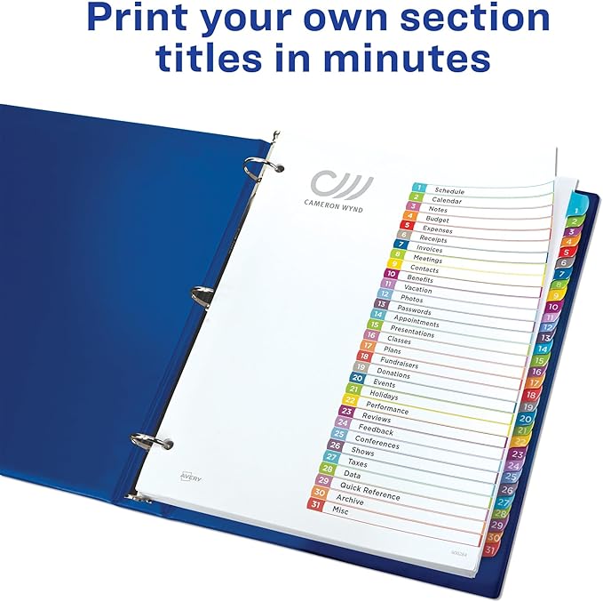 Avery 1-31 Dividers for 3 Ring Binders, 31 Tabs per Set, Customizable Table of Contents, Multicolor Arched Tabs, Great for Organizing Reports, Projects, and More (12 Sets of 11846)