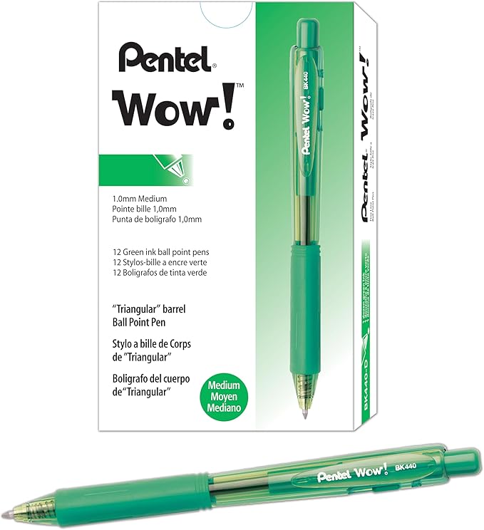 Pentel Wow! Retractable Ballpoint Pens, (1.0mm), Medium Line, Green Ink, Box of 12 (BK440-D)