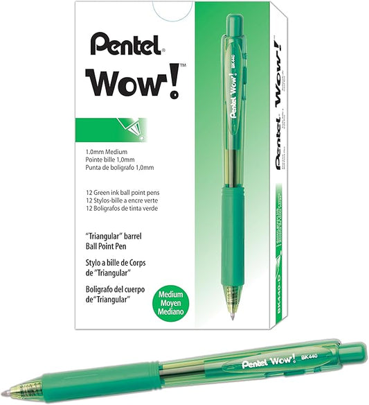 Pentel Wow! Retractable Ballpoint Pens, (1.0mm), Medium Line, Green Ink, Box of 12 (BK440-D)