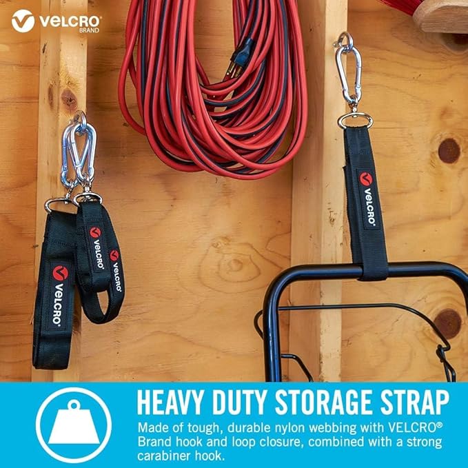 VELCRO Brand VEL-30196-USA Easy Hang Strap with Carabiner Clip Attach Water Bottles and Accessories to Bikes, Bags and more. Organization for Garden, Shed, RV. Extra Small-1Pk, Black
