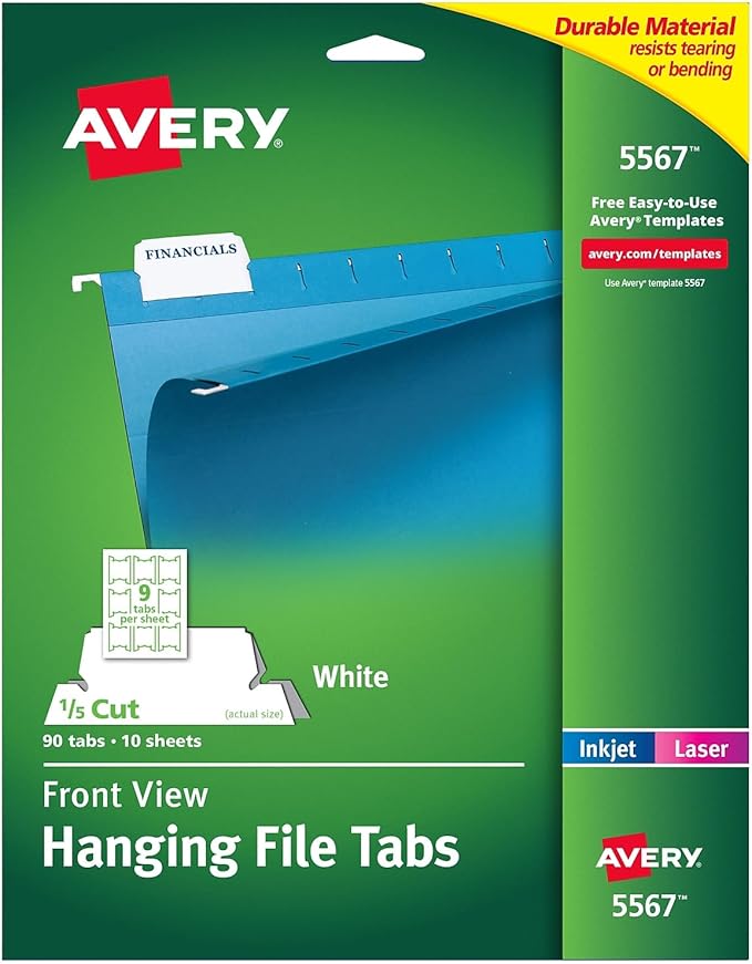 Avery Laser Printable Hanging File Tabs, 1/5-Cut, White, 2.06" Wide, 90/Pack
