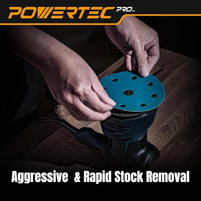 POWERTEC PRO 45901C 45PK, 5 Inch 9 Holes Assorted Sanding Disc & Abrasive Cleaning Stick, 80/120/220 Grit Ceramic Hook and Loop Backing Discs for Festool Orbital Sanders-Automotive, Metal, Woodworking