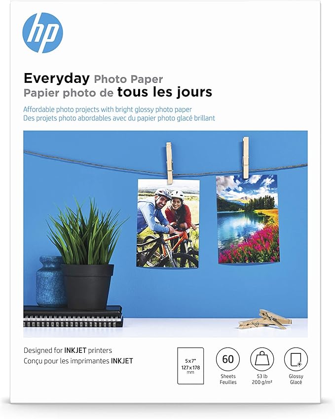 HP Everyday Photo Paper - Designed for HP Inkjet Printers, Glossy, 5x7 in, 60 sheets (CH097A)