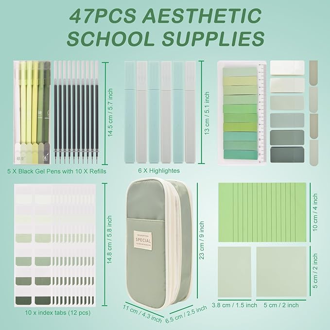 ChezAbbey 47Pcs Aesthetic School Supplies with Pencil Pouch - Cute College Essentials Set, Big Capacity Pen Case, Pastel Highlighters, Bible Study Journaling Stationary Kit (Green)