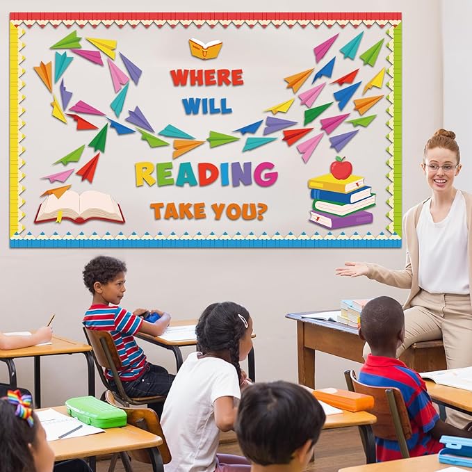 Pasimy Reading Bulletin Board Decorations Paper Airplane Classroom Decor Back to School Library Bulletin Board Set Colorful Book Pencil Paper Plane Cutouts for Summer Home Office Wall Door Supplies