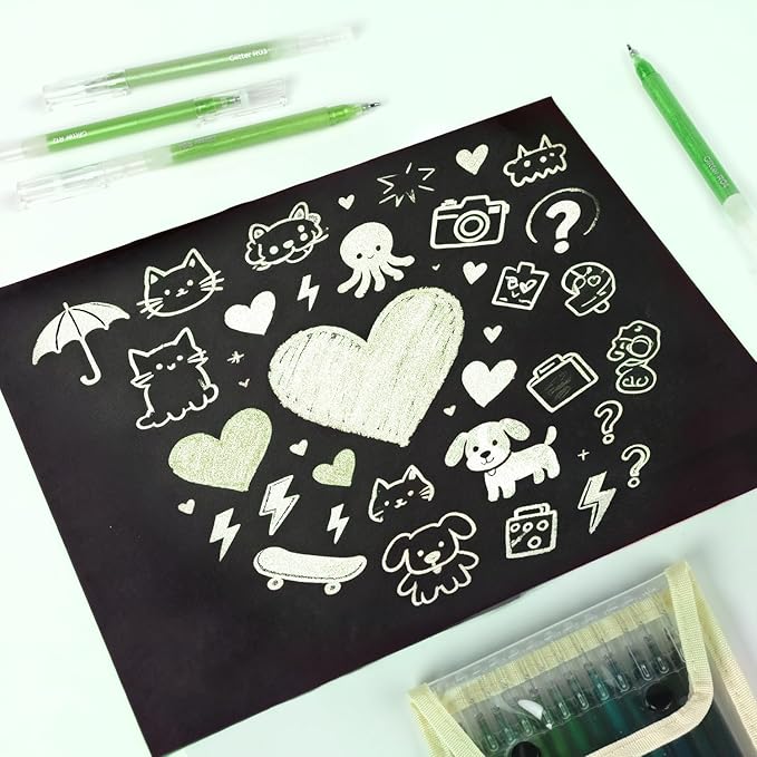 12 Green Glitter Gel Pens Set, 1.0 mm Fine Point for Black Paper & White Paper, Large Capacity Pens for Journaling, Adult Coloring Books, Drawing, Note Taking, Highlighting