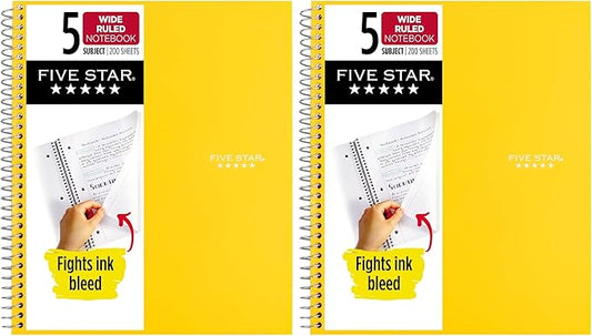 Five Star Spiral Notebook, 5 Subject, Wide Ruled Paper, Fights Ink Bleed, Water Resistant Cover, 8" x 10-1/2", 200 Sheets, Color Will Vary (05206) (Pack of 2)