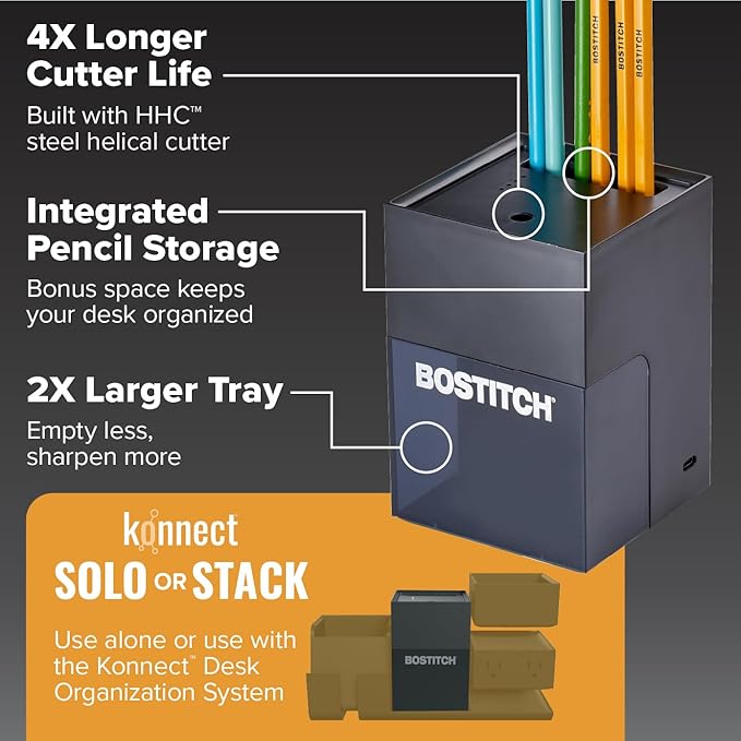 Bostitch Konnect Rechargeable Battery Pencil Sharpener for KT2 Desk Organizer No.2/Colored Pencils, Black