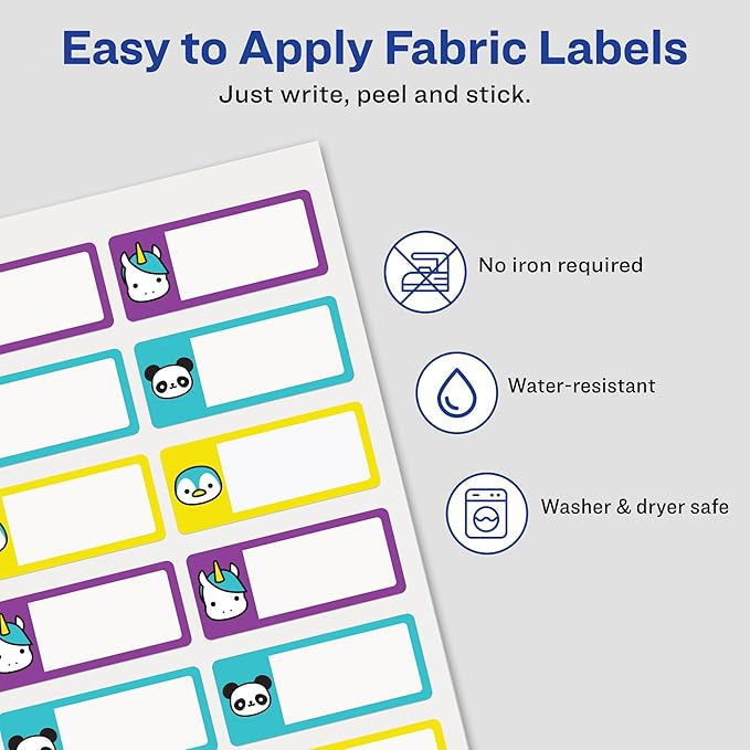 Avery No-Iron Fabric Name Labels, Cute Animals Preprinted Designs, Handwrite-Only, 2-Pack, 48 Preprinted Labels (21958)