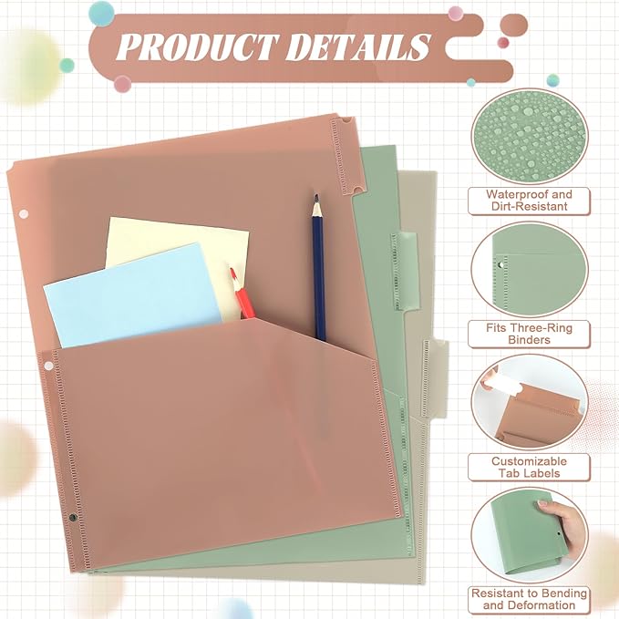 3 Sets 5 Tab Binder Dividers with Pockets for 3 Ring Plastic Binders 8.5 x 11 Inches 3 Hole Punched Page Dividers Sturdy Colorful Dividers for Office School Business Home Organizer (Boho Color)