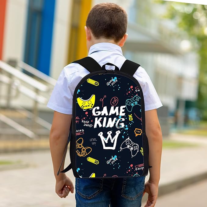 3PCS Gamer Backpack Set for Boys, Lightweight Large Backpack with Lunch Box & Pencil Case, Cool Game Video Bookbag for Kids, Back to School Backpacks for Elementary & Middle School