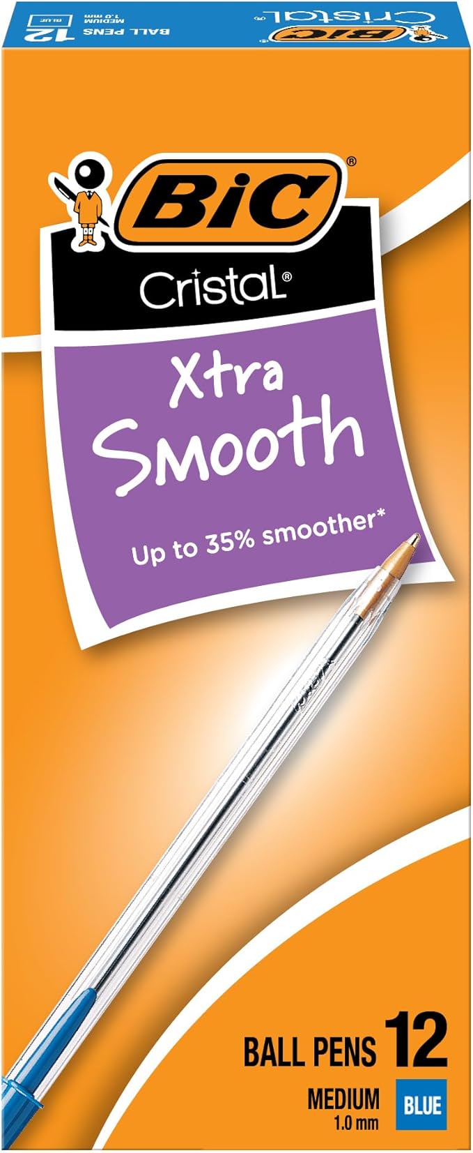 BIC Cristal Xtra Smooth Blue Ballpoint Pens, Medium Point (1.0mm), 12-Count Pack, Extra Smooth and Reliable Ballpoint Pens