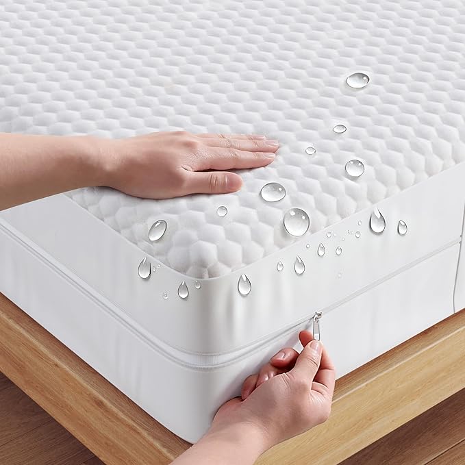 OhGeni 100% Waterproof Zippered Mattress Protector,Queen Size Mattress Encasement,Pet Hair & Bedwetting Resistant,Cooling Breathable Fitted Sheets,Non-Slip Deep Pocket,Washable Noiseless for Bedroom