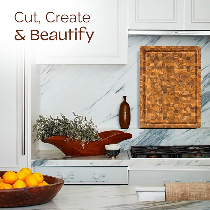 Yes4All Durable Teak Cutting Boards for Kitchen, [20''L x 15''W x 1.5” Thick] Large End Grain Cutting Board, Pre Oiled Wood Cutting Boards, Thick Chopping Board w/Juice Grooves and Easy Grip Handle