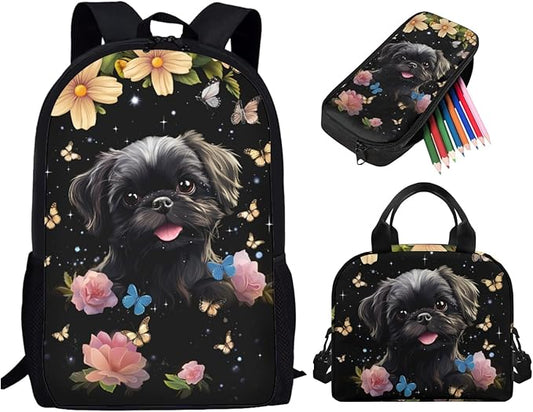 Pekingese Kids School Bookbag 3 in 1 Set for Boys Girls, Kids Backpack with Lunch Box Pencil Case, Lightweight Girls Backpack for Elementary Middle School, Black