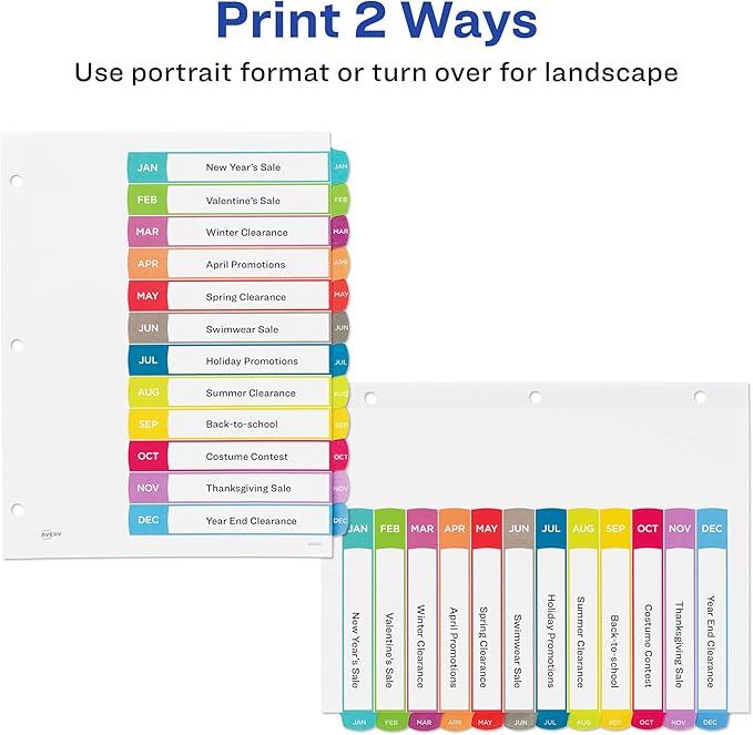Avery Jan-Dec Dividers for 3 Ring Binders, 12 Tabs per Set, Customizable Table of Contents, Multicolor Arched Tabs, Great for Organizing Reports, Projects, and More (11847)