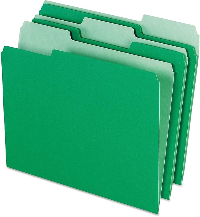 Pendaflex Colored File Folders, 100 Pack, Letter Size (8.5" x 11"), Durable Green Folders, 3 Tabs for Easy Labeling, Colorful School, Office & Home Document Organization