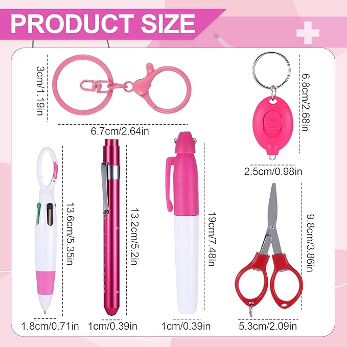 6 Pcs Nurse Pens for Badge Set,Nurse Badge Accessories with Reel Pen,Nursing Accessories Healthcare with Pens,Highlighter and Permanent Marker Pen and Led Keychain Foldable Scissors(Pink)