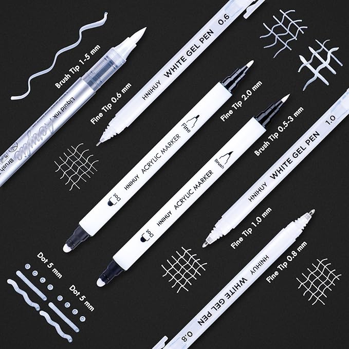 HNIHUY White Ink Pens, Fine Point White Gel Pens, Brush Tip Acrylic Markers, Dual-Tip Opaque Paint Pens for Black Paper Drawing, Sketching, Illustration, Card Making, 6 Pack