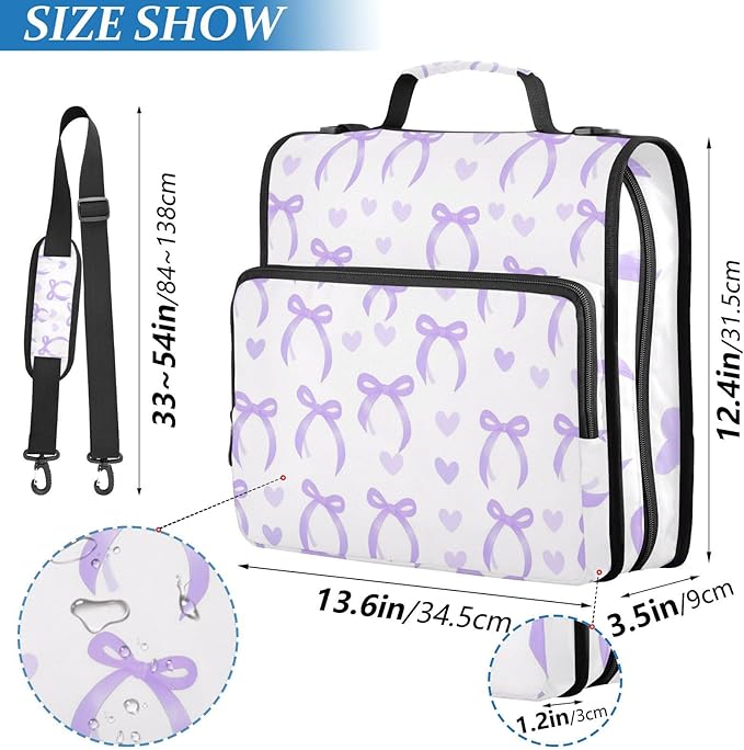 Purple Bow Love 3 Ring Binder with Zipper,Expanding File Folder and Shoulder Strap and Handle, 500 Page Capacity
