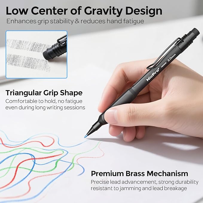 Nicpro 2.0 mm Mechanical Pencil Set, 3PCS Artist Lead Pencil Holder 2mm with 72PCS Lead Refills (4H 2H HB 2B 4B 6B Color) Eraser, Weatherproof Barrel for Outdoor Writing Drafting Drawing Sketching