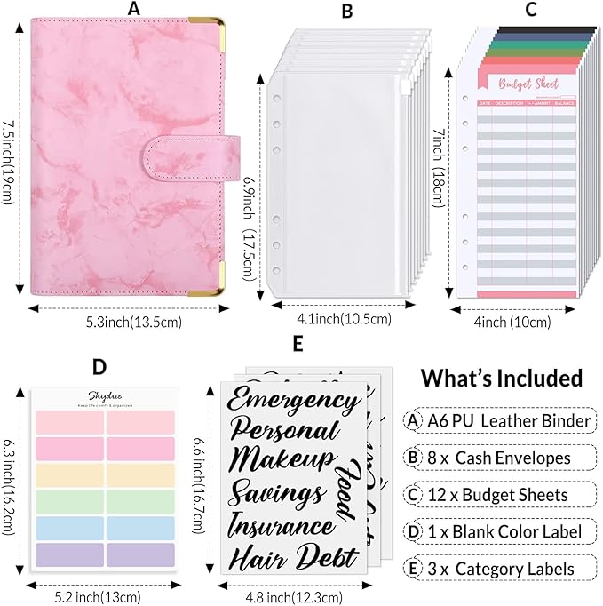 SKYDUE Budget Binder, Money Saving Binder with Zipper Envelopes, Cash Envelopes and Expense Budget Sheets for Budgeting (Mabblepink)