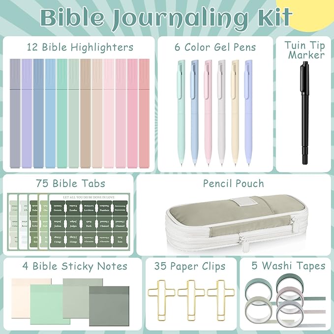 137 Pcs Bible Study Supplies Journaling Kit 1 Pencil Case 12 Highlighters 4 Sticky Notes 6 Gel Pens 35 Paper Clips 3 Tapes 1 Markers 75 Tabs for Christmas Bible School Gifts(Sage Green)
