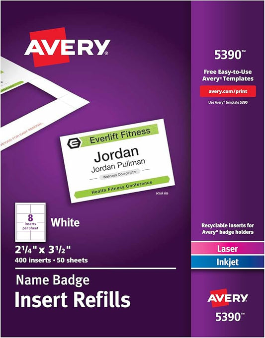 Avery Customizable Name Badge Inserts, 2.25" x 3.5", White, 400 Printable Name Tag Inserts (5390)