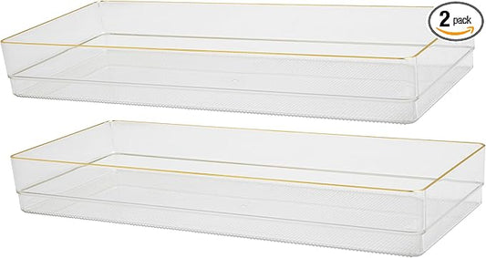 Martha Stewart Kerry Plastic Stackable Office Desk Drawer Organizers, 15" x 6", 2 Pack, with Gold Trim