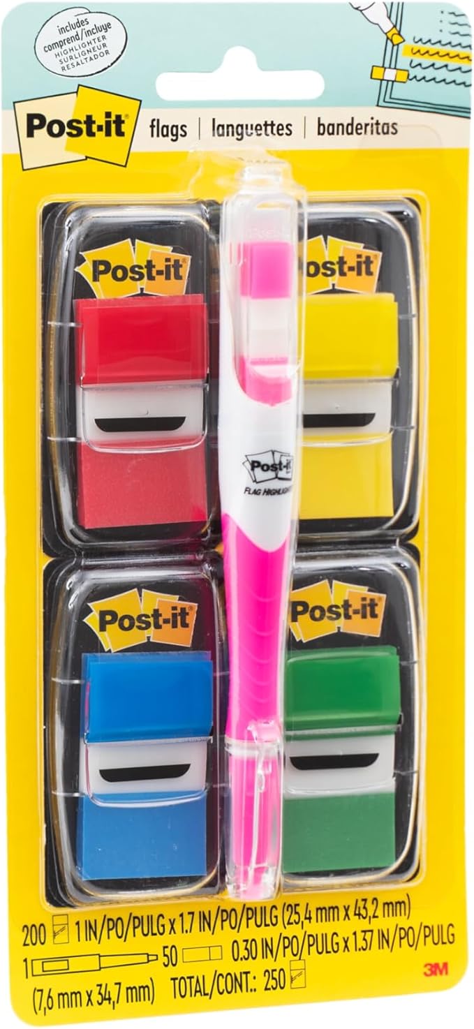 Post-it Flags Value Pack, 50/Dispenser, 4 Dispensers/Pack, 1 in Wide, Assorted Colors, Includes Free Flags + Highlighter (680-RYBGVA)