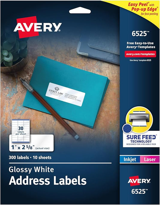 Avery Address Labels, Sure Feed and Easy Peel Technology, Glossy White Labels, 1" x 2-5/8", Permanent Adhesive, Laser/Inkjet, 300 Total (6525)