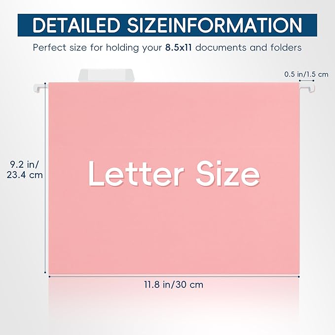 Pink Hanging File Folders,25 Pack Letter Size File Folders with 1/5-cut Tabs,Office Essentials for Filing Cabinet & Desk Storage