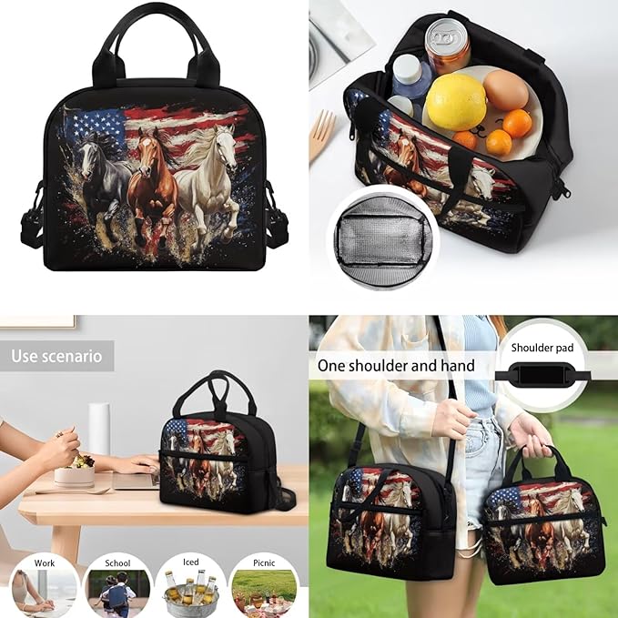 Horse Backpack for Girls Boys Kids with Lunch Box American Flag School Bag Pencil Case Middle School Bookbag Set Elementary Kindergarten Preschool Schoolbag Back Pack