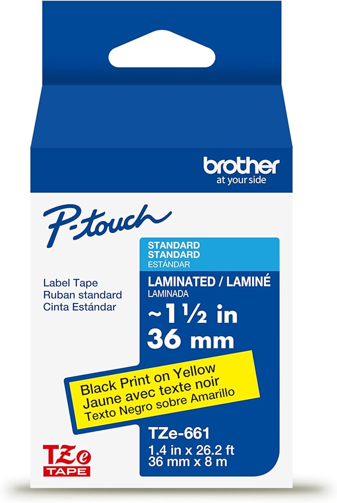 Brother Genuine P-Touch TZe Black Print on Yellow Label Tape (TZe661), Laminated,1-1/2in x 26.2ft (36mm x 8m), for Select P-Touch Label Makers, Durable, Water-Resistant, Indoor/Outdoor Use