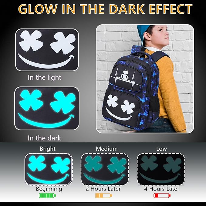 Boys Backpack with Lunch Box Glow in Dark Kids Ages 4-12 Kindergarten Elementary Middle School Teens Bookbag Mochilas Para Niños, Luminous Face Red