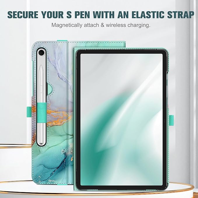 Fintie Case for Samsung Galaxy Tab S10 Lite/ S10 FE/ S9 FE 5G 10.9 Inch/Tab S9 11 Inch with S Pen Holder, Multi-Angle Viewing Protective Cover with Pocket, Auto Sleep/Wake, Emerald Marble