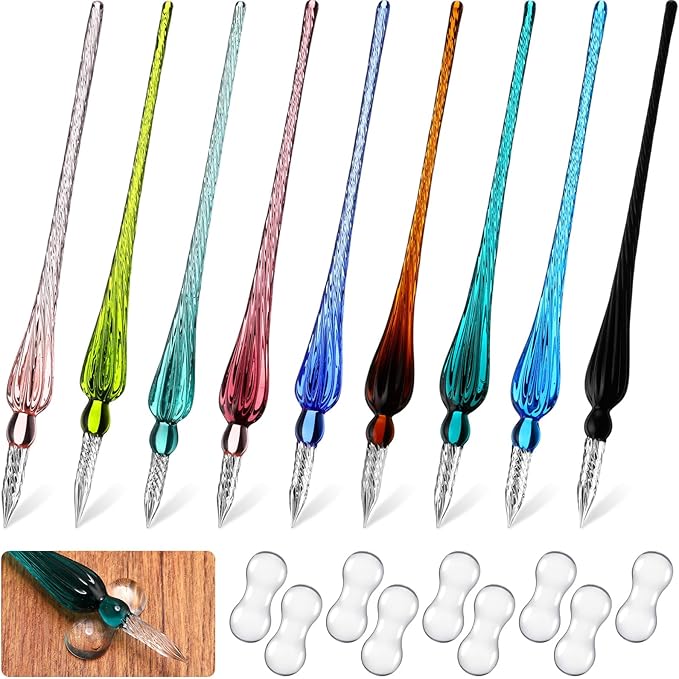 Outus 9 Pieces Glass Dip Pen Handmade Glass Signature High Borosilicate Crystal Vintage Dip Pen with 9 Pieces Penholder for Writing Drawing Calligraphy(Popular Style,Bright Color)