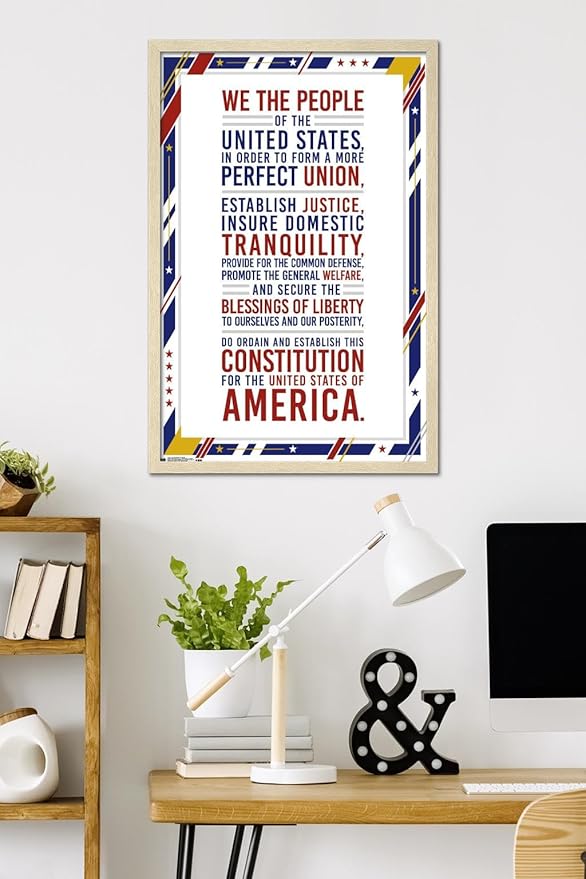 The United States Of America - Constitution Preamble Wall Poster, 34L" x 22.4W", Blonde Framed Version