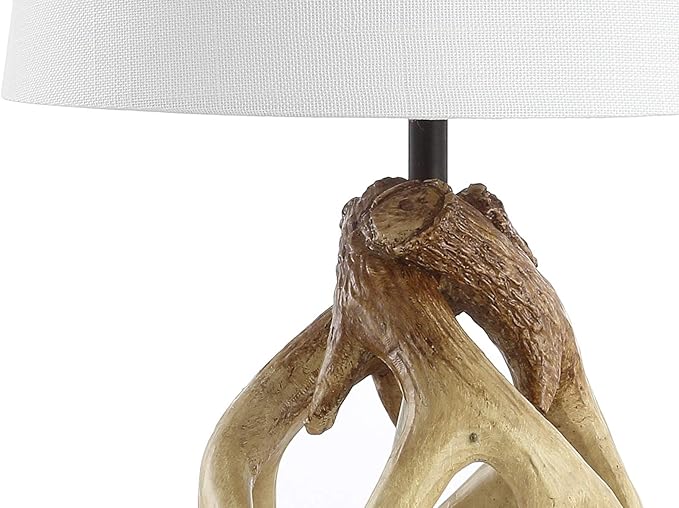 JONATHAN Y 19" Natural Antler Resin Table Lamp, Rustic Coastal Mountain Cabin Bedside Nightstand Lamp for Living Room, White Linen Shade, UL Listed, LED Bulb Included JYL4034A