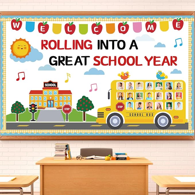 65Pcs Welcome Back to School Bulletin Board Decorations Set, School Bus Cutouts Name Tags with Yellow Border Trims Home Office School Classroom Decorations for Window Wall Door Chalkboard