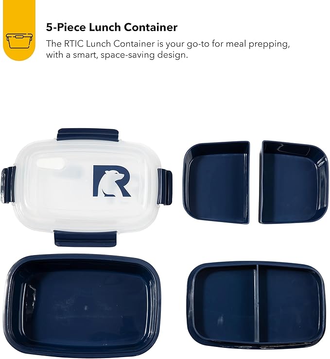 RTIC 5 Compartment Lunch Containers, Hot Food Container with Lid for Adults, Microwave Safe Divided Snack Lunch Box for Work or Travel, Reusable, BPA Free with Vent Space