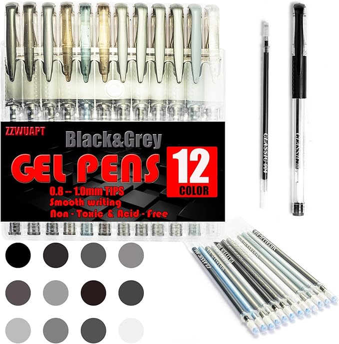 Grey Gel Pens,36 Color Gel Pens Set including 12 Color Gel Pen with 24 Refills,40% More Ink Colored Gel Pens for Drawing, Doodling, Scrapbook, Journaling