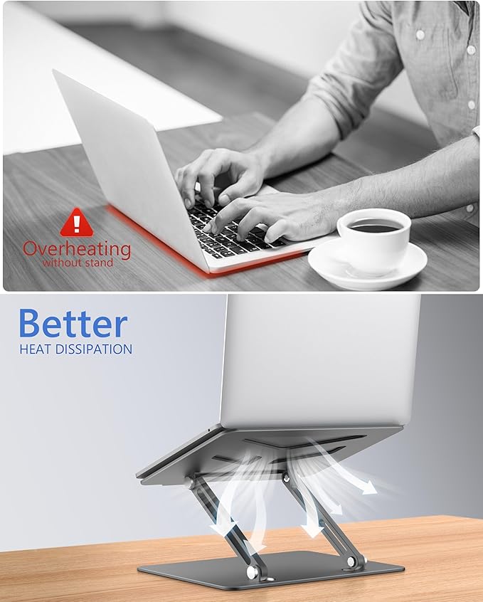 Aluminum Laptop Stand, Laptop Stand for Desk, Adjustable Height Ergonomic Computer Stands Compatible with MacBook Air, Pro, Dell, HP, Lenovo More, All 10-16'' Notebooks Laptops, Classic Grey