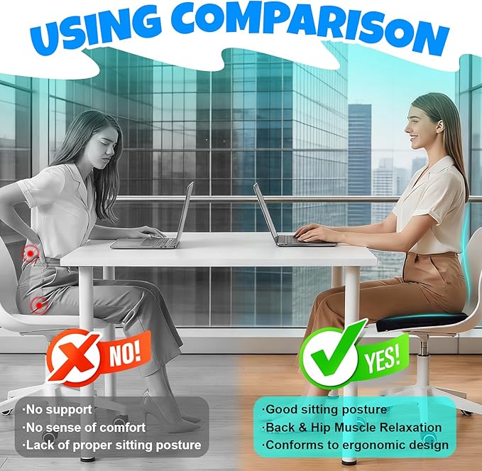 Ergonomic Seat Cushion with Memory Foam for Office Chair, Car Seat, Non-Slip Cushion, Sciatica & Tailbone Relief, Breathable Mesh Cover, Portable Handle - Black