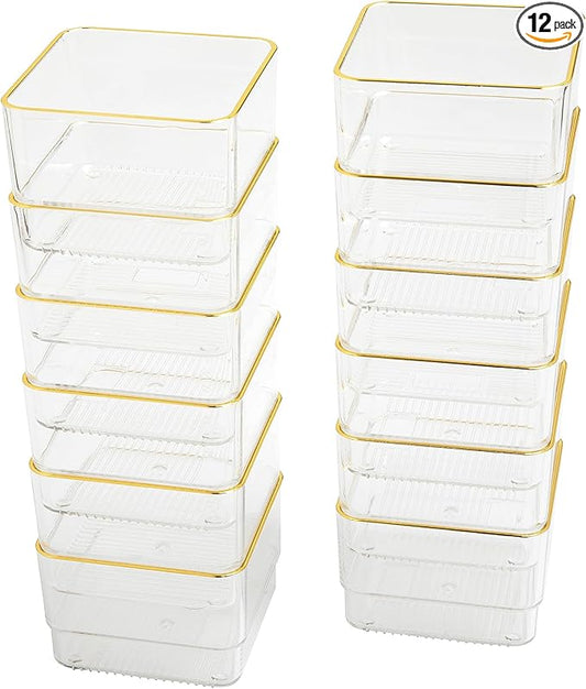 Martha Stewart Kerry Plastic Stackable Office Desk Drawer Organizers, 3" x 3", 12 Pack, with Gold Trim