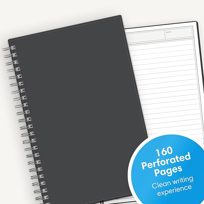 Blue Sky Notes Professional Notebook, 5.5" x 8.5" Journal, Gray, Flexible Cover, Durable Twin-Wire Binding, 150+ Lined and Perforated Notes Pages, Undated, Office and School