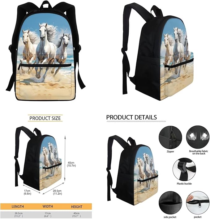 Horse Backpack Purse for Girls Boys Kids School Bag Set 6-8 10-12 14-16 Teen Schoolbag Children Bookbag with Lunch Bag Pencil Case Water Bottle Sleeve Elementary Preschool Rucksack
