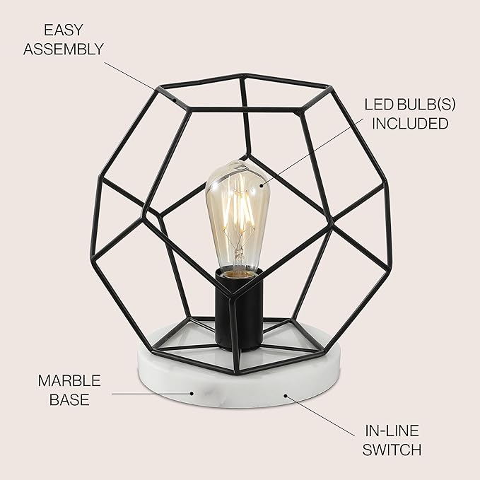 JONATHAN Y 10" Black/White Geometric Table Lamp, Midcentury Modern Metal Desk Lamp for Living Room Bedroom, White Marble Base, Glam Bedside Nightstand Light with LED Bulb (JYL1047C)