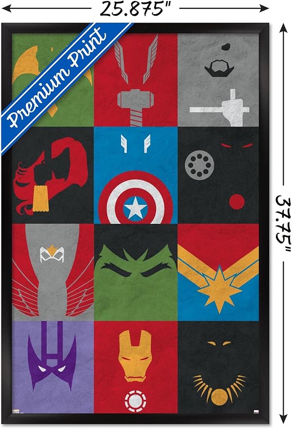 24X36 Marvel Comics Avengers - Minimalist Grid Wall Poster, 36L" x 24W", Black Framed Version