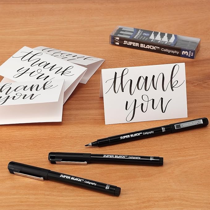 Creative Mark Calligraphy & Fineliner Pen Set of 3 Lettering & Calligraphy Drawing - Super Black, Permanent, Waterproof, & Acid-Free Chisel Nylon-Nibs Pens & Medium Brush Tip